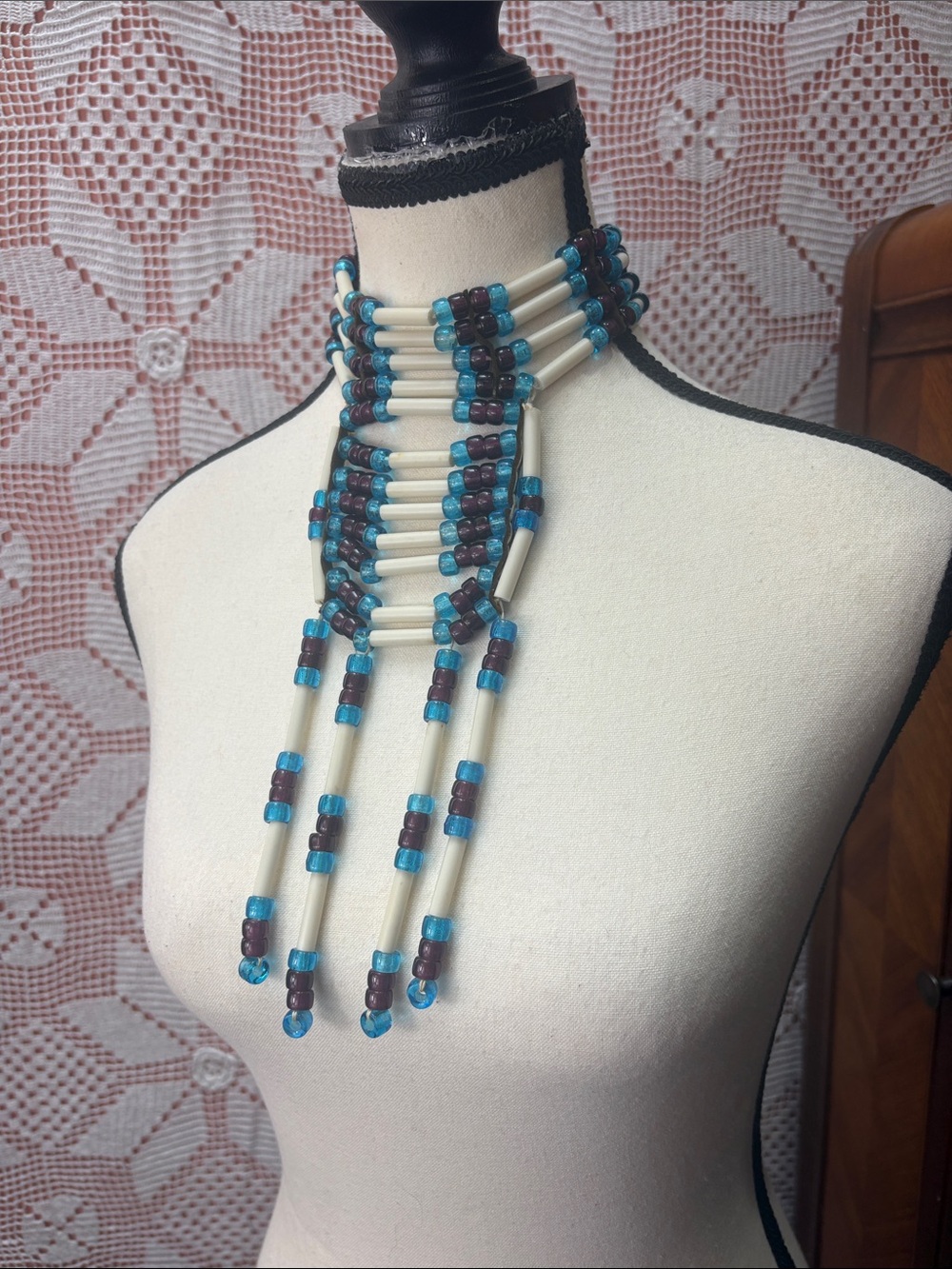 Vintage Bone Beaded Bib Necklace